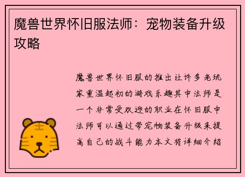 魔兽世界怀旧服法师：宠物装备升级攻略